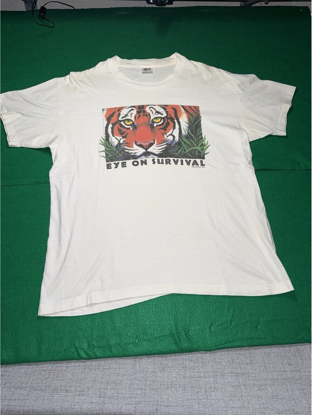 Vintage 90s Human-i-Tees Tiger Eye On Survival T-ShirtXL White Single Stitch USA